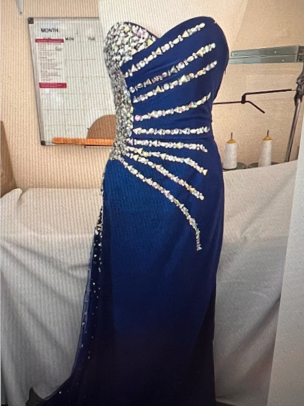 Strapless Navy Evening Gown with Crystal Embellishments